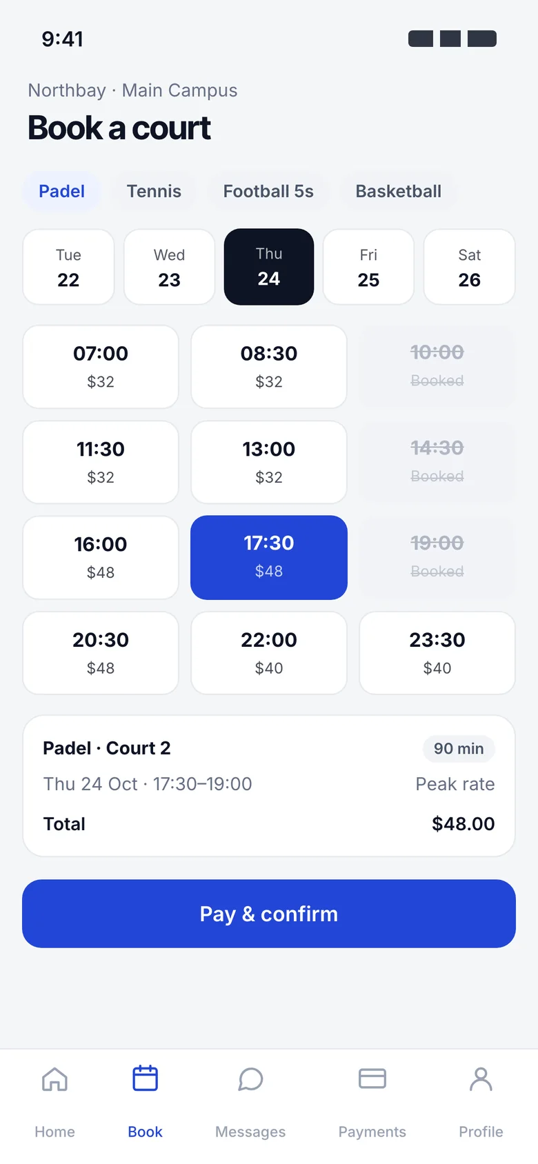 Court booking screen with available padel time slots and prices