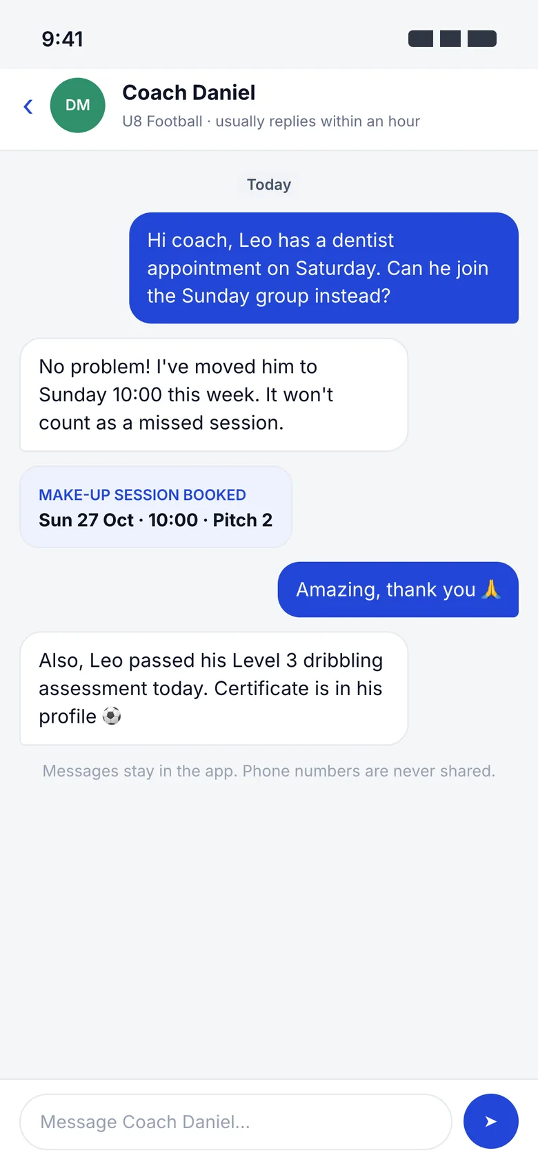 Direct message thread between a parent and a coach about moving a session and a passed assessment