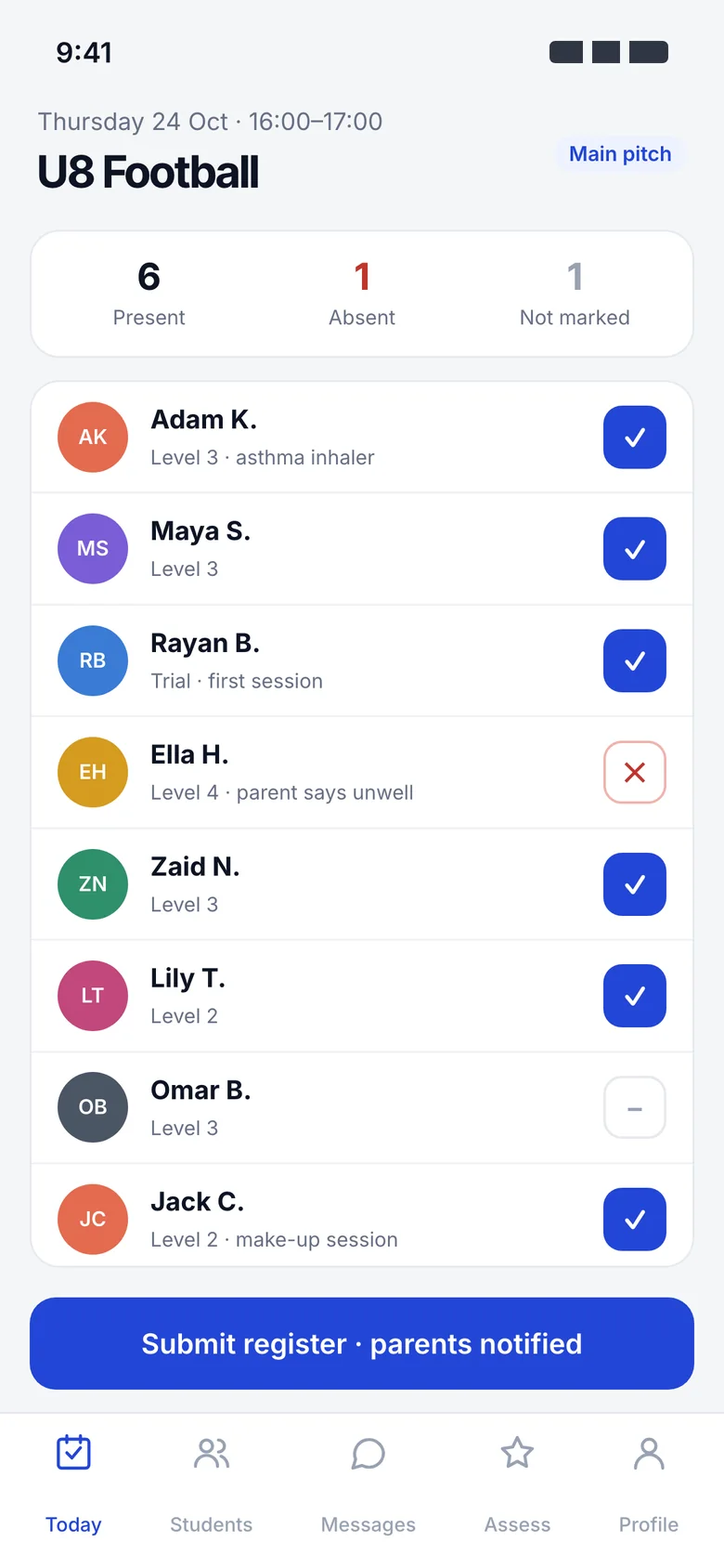 Coach app register for an under-8 football session with six players marked present and one absent