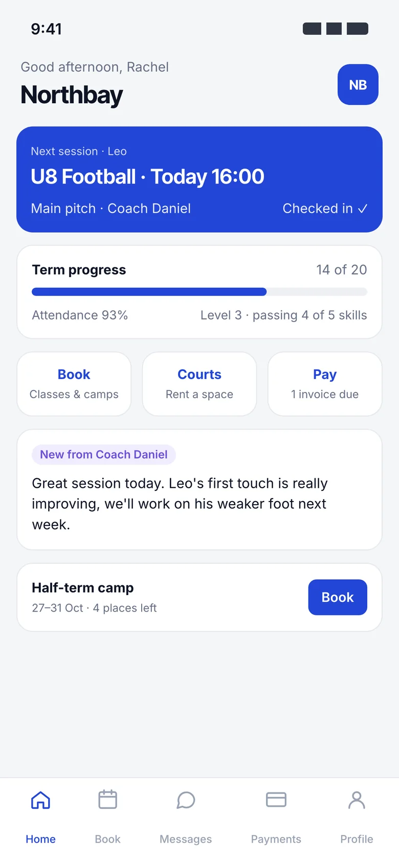 Parents app home screen showing the child checked in to today's session and term progress
